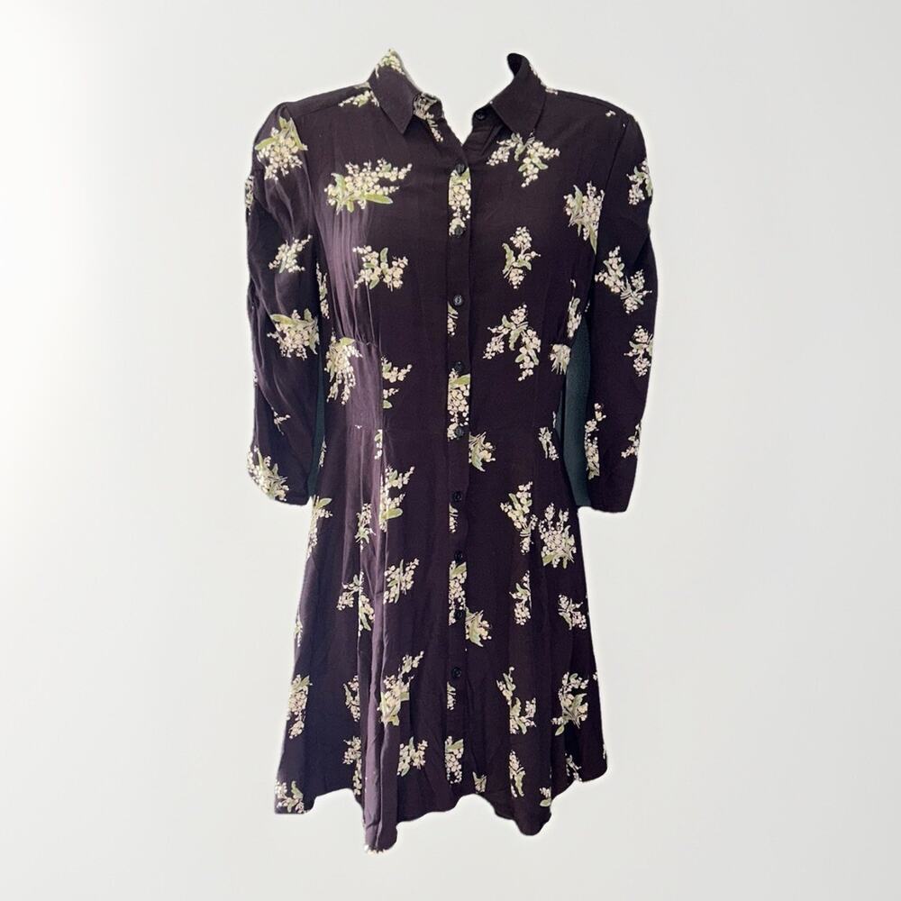 Free People Lovely Mini Dress Size XS Plum Brown Floral Button Down Collar Boho - Picture 2 of 9